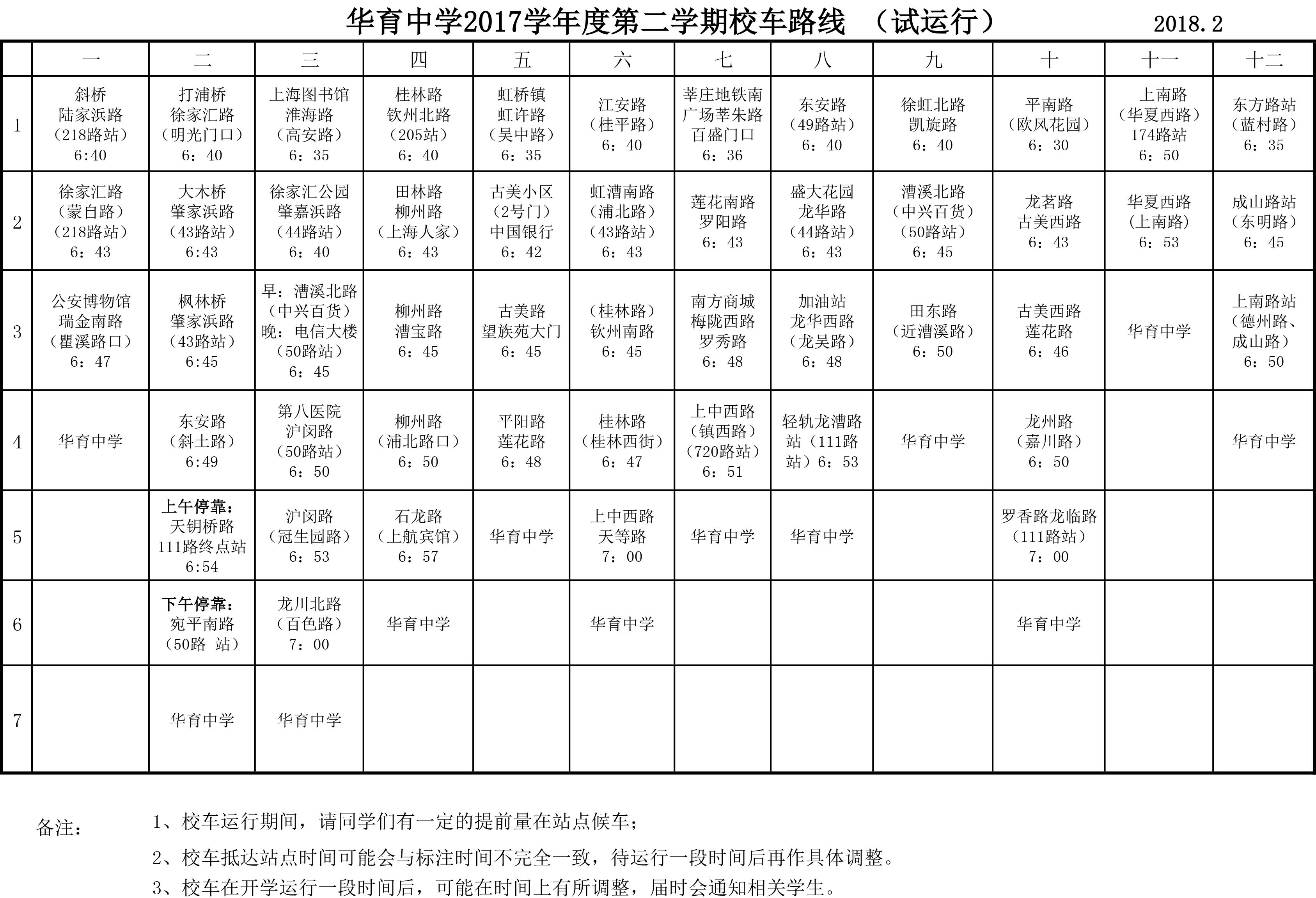 上海市華育中學2017學年度第二學期校車路線/ 上海市華育中學2017學年度第二學期校車路線