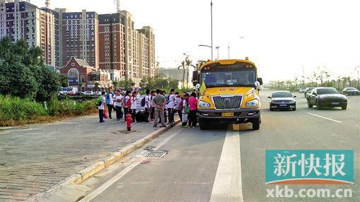 學(xué)校旁的鳳凰大道上,家長(zhǎng)臨時(shí)請(qǐng)來(lái)的正規(guī)校車正在接送學(xué)生。